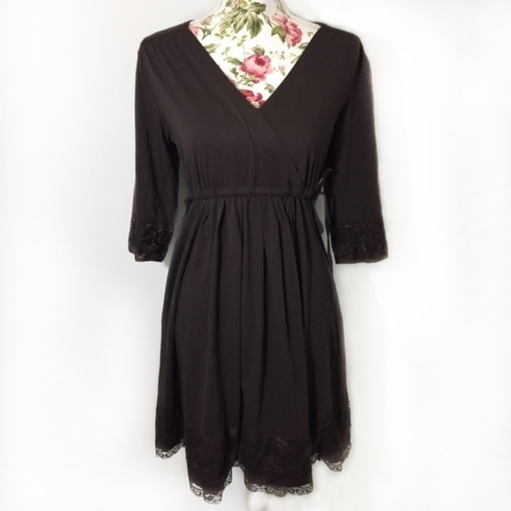 Brown Drawstring Waist Surplice Maternity Dress